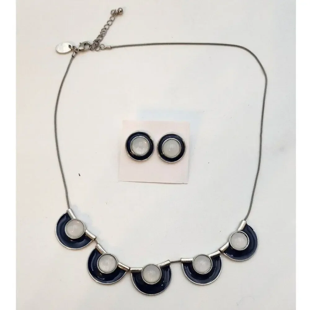Vintage Charming Charlie Necklace and Earring Jewelry Set Navy White Classic